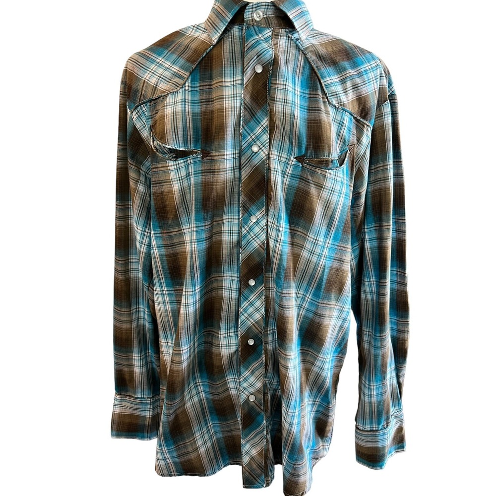 Roper Mens L Turquoise‎ Brown Plaid Western Shirt Aztec Embroidered Back